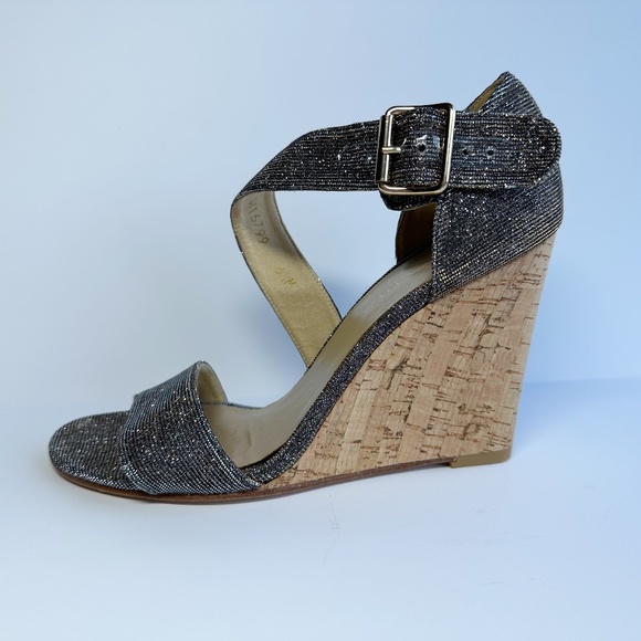 Stuart Weitzman Lineone Pyrite Nocturn Wedge Sandal Dark Silver Glitter Sparkle - Picture 2 of 16